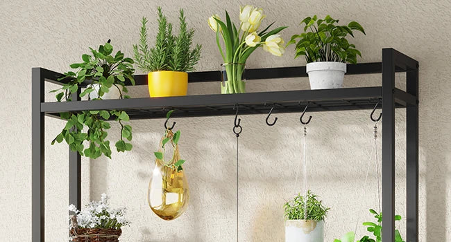 Stojak na Kwiaty 180 cm – 7 Poziomów, Metalowy Regał z Haczykami, Styl Loftowy, Rustykalny Brąz GardenKowo