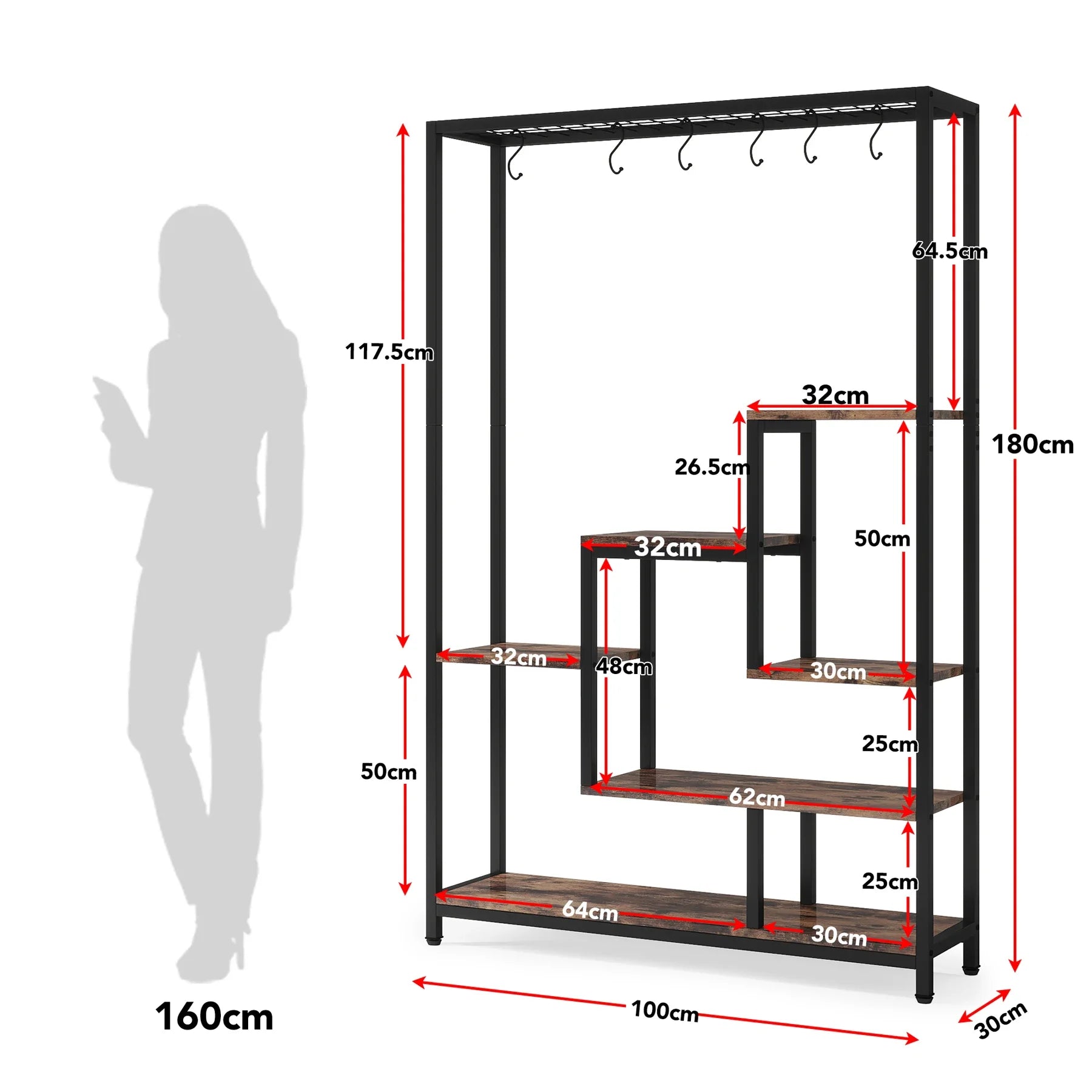 Stojak na Rośliny 180 cm – 5 Półek + 10 Haczyków, Metalowy Regał do Wnętrz i Ogrodu GardenKowo