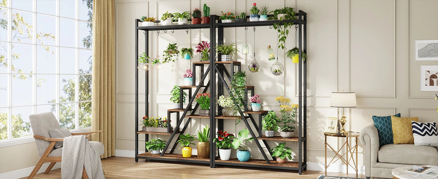 Stojak na Kwiaty 180 cm – 7 Poziomów, Metalowy Regał z Haczykami, Styl Loftowy, Rustykalny Brąz GardenKowo