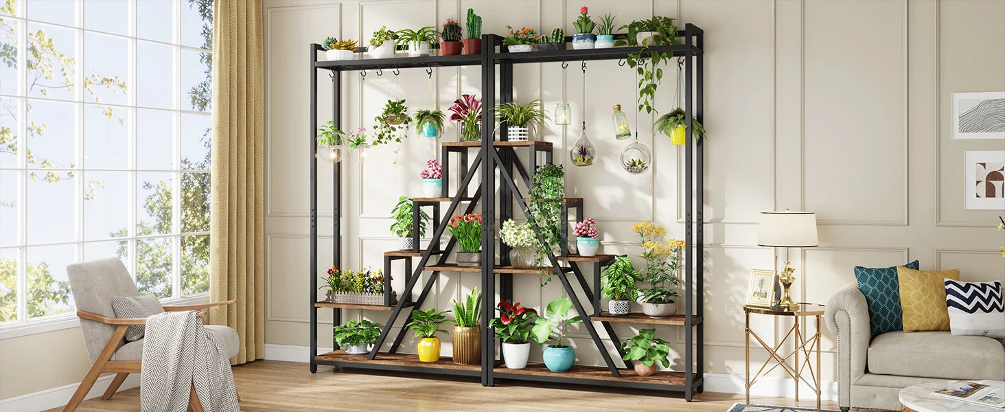 Stojak na Kwiaty 180 cm – 7 Poziomów, Metalowy Regał z Haczykami, Styl Loftowy, Rustykalny Brąz GardenKowo